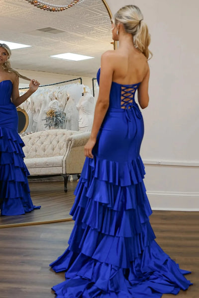 Strapless Ruffle Mermaid Blue/Green Satin Long Prom Dress with High Slit, Mermaid Blue/Green Formal Graduation Evening Dress