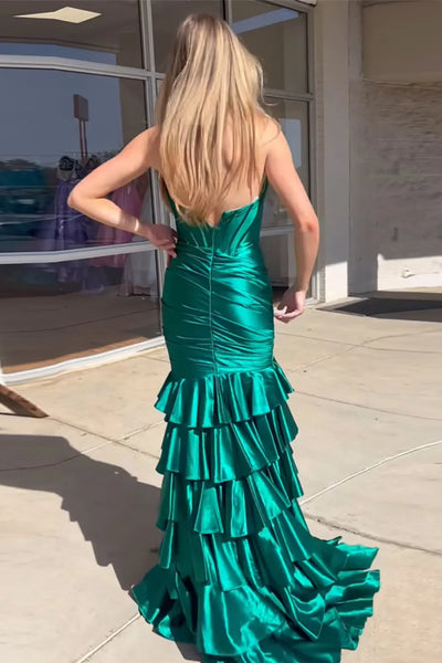 Strapless Ruffle Mermaid Blue/Green Satin Long Prom Dress with High Slit, Mermaid Blue/Green Formal Graduation Evening Dress