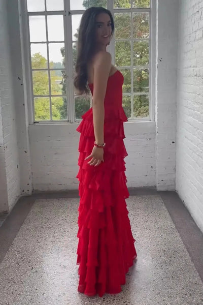 Strapless Ruffle Red Long Prom Dress with High Slit, Long Red Formal Graduation Evening Dress A2459