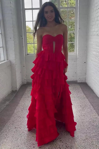 Strapless Ruffle Red Long Prom Dress with High Slit, Long Red Formal Graduation Evening Dress A2459