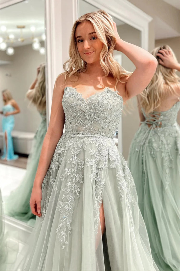 Strapless Sage Lace Long Prom Dress with High Slit, Sage Lace Formal D abcprom Strapless Sage Lace Long Prom Dress with High Slit, Sage Lace Formal D abcprom