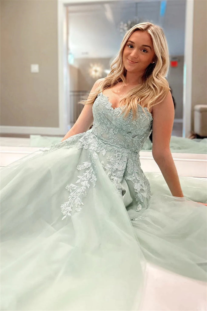 sage green prom dress strapless Sage Green Sleeveless Prom Dress Strapless Pleated Slit YH033