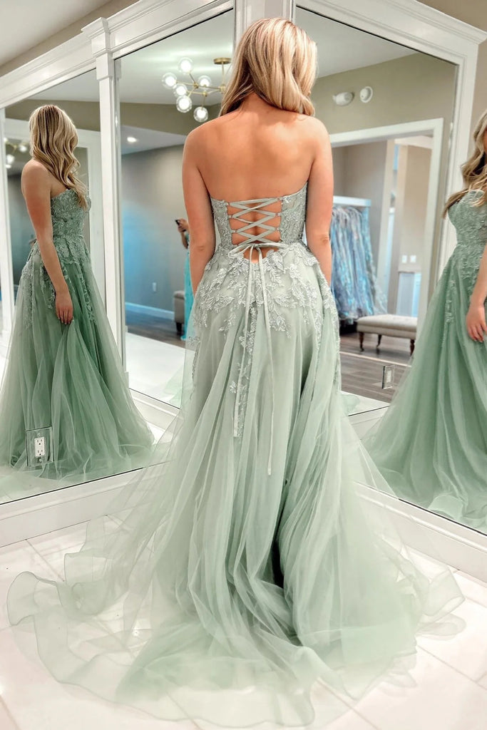 Strapless Sage Lace Long Prom Dress with High Slit, Sage Lace Formal D abcprom Strapless Sage Lace Long Prom Dress with High Slit, Sage Lace Formal D abcprom