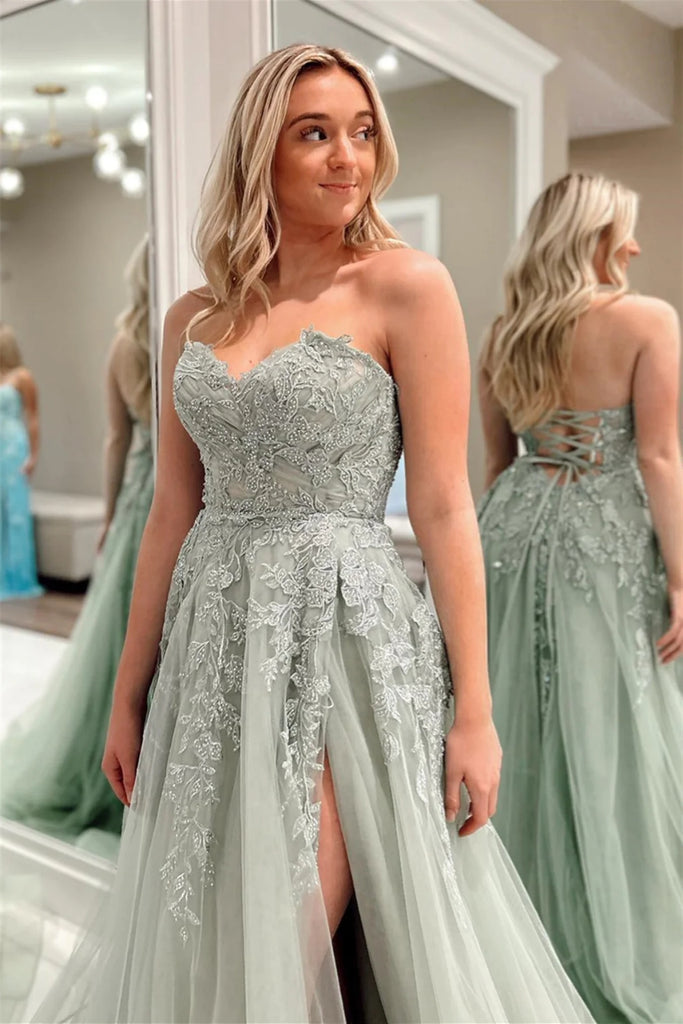 Strapless Sage Lace Long Prom Dress with High Slit, Sage Lace Formal D abcprom Strapless Sage Lace Long Prom Dress with High Slit, Sage Lace Formal D abcprom