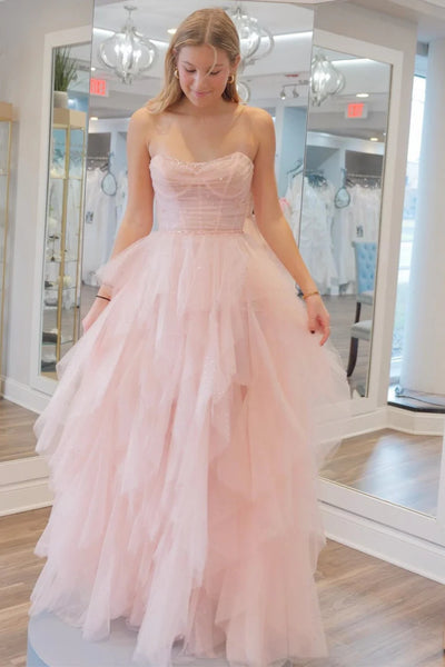 Strapless Sequins Fluffy Pink Long Prom Dress, Pink Formal Dress with Belt, Pink Tulle Evening Dress A2033
