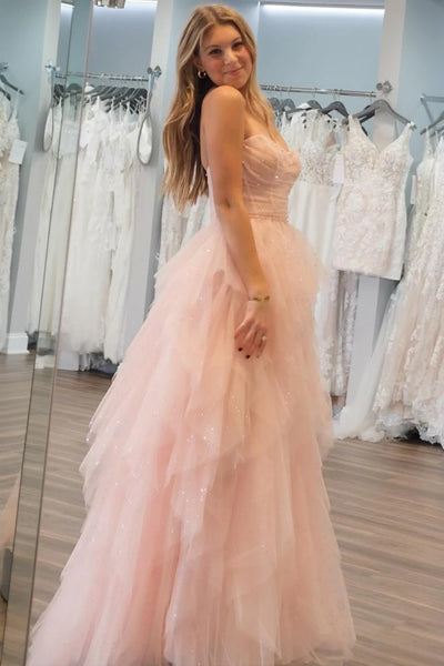 Strapless Sequins Fluffy Pink Long Prom Dress, Pink Formal Dress with Belt, Pink Tulle Evening Dress A2033