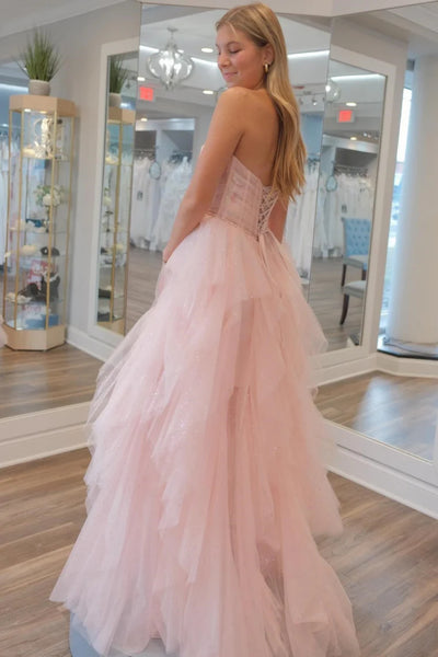 Strapless Sequins Fluffy Pink Long Prom Dress, Pink Formal Dress with Belt, Pink Tulle Evening Dress A2033