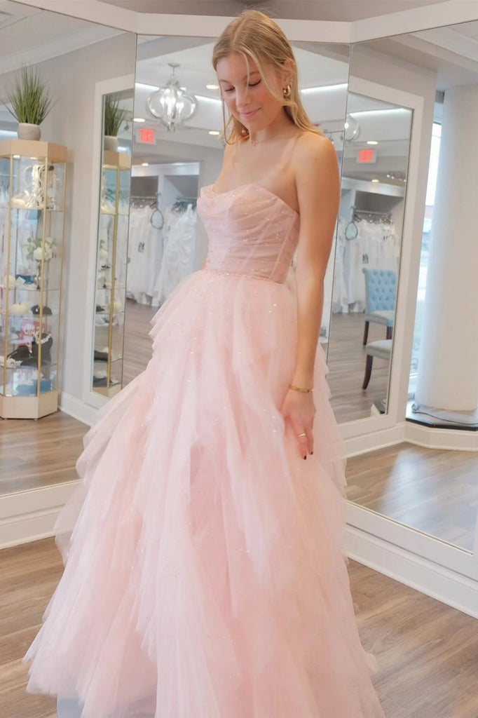 Strapless Sequins Fluffy Pink Long Prom Dress, Pink Formal Dress with Belt, Pink Tulle Evening Dress A2033 Strapless Sequins Fluffy Pink Long Prom Dress, Pink Formal Dress with Belt, Pink Tulle Evening Dress A2033
