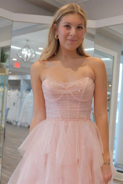 Strapless Sequins Fluffy Pink Long Prom Dress, Pink Formal Dress with Belt, Pink Tulle Evening Dress A2033