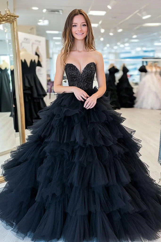 Strapless Sweetheart Neck Beaded Ruffle Black Tulle Long Prom Dress, B abcprom Strapless Sweetheart Neck Beaded Ruffle Black Tulle Long Prom Dress, B abcprom
