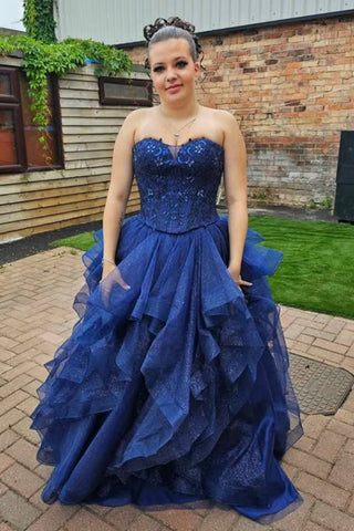 Strapless Sweetheart Neck Blue Lace Long Prom Dress, Blue Lace Formal Evening Dress, Blue Ball Gown A2544