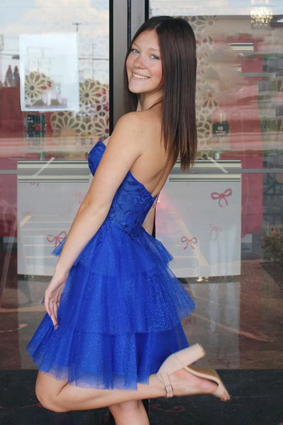 Strapless Sweetheart Neck Blue Lace Short Prom Dress, Blue Lace Homecoming Dress A2582