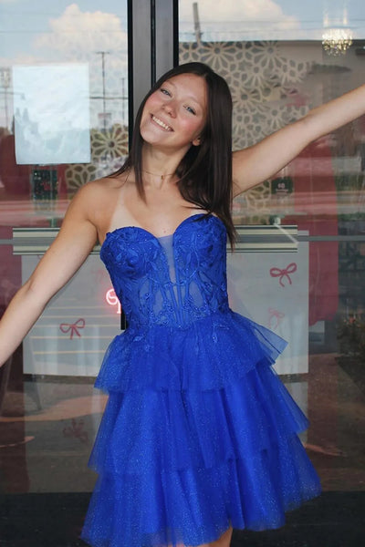 Strapless Sweetheart Neck Blue Lace Short Prom Dress, Blue Lace Homecoming Dress A2582