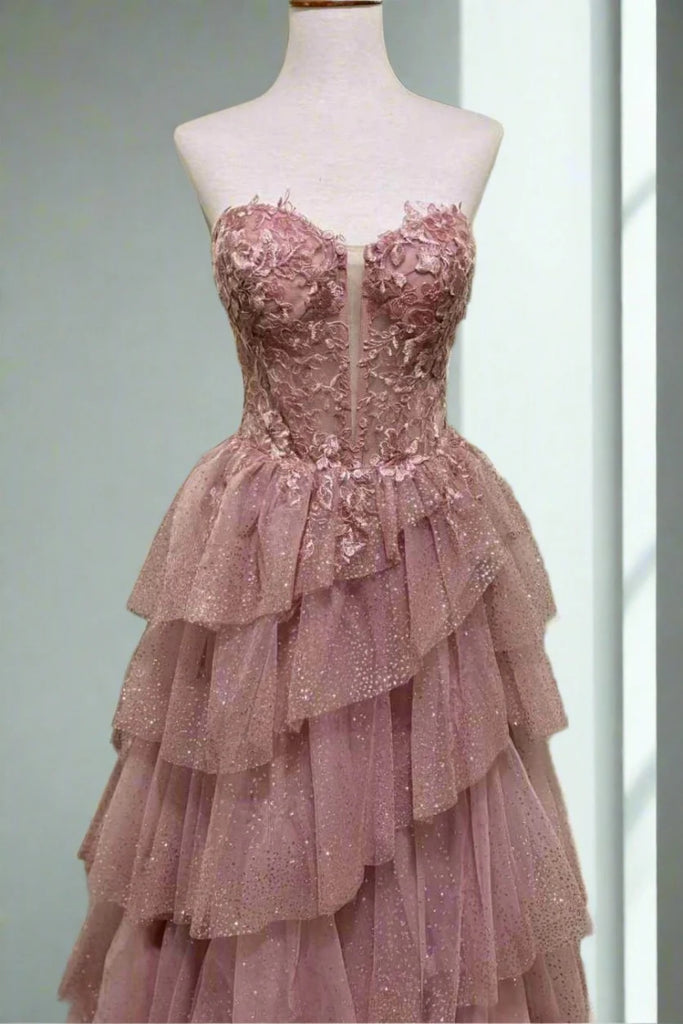 Strapless Sweetheart Neck Layered Dusty Pink Lace Long Prom Dress, Dus