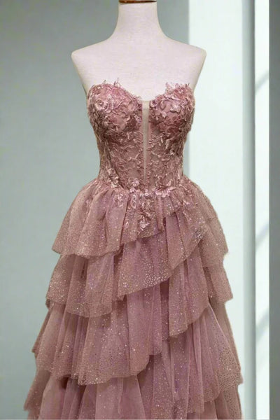 Strapless Sweetheart Neck Layered Dusty Pink Lace Long Prom Dress, Dus