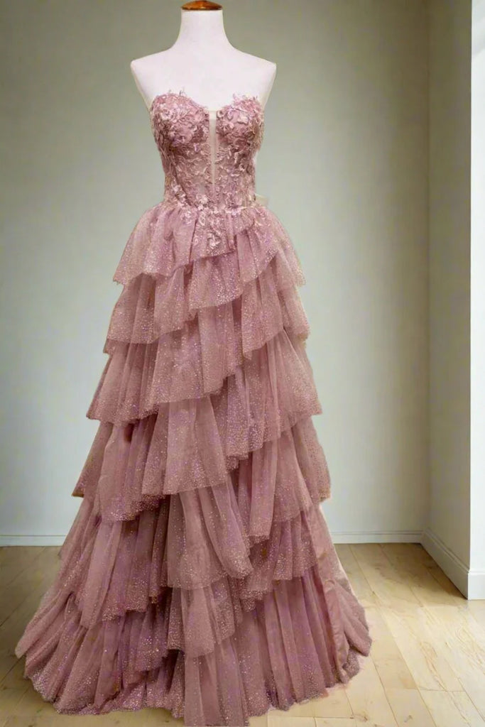 Strapless Sweetheart Neck Layered Dusty Pink Lace Long Prom Dress, Dus abcprom Strapless Sweetheart Neck Layered Dusty Pink Lace Long Prom Dress, Dus abcprom