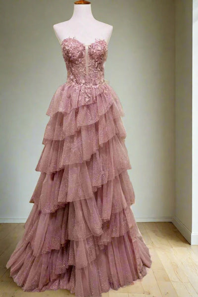 Strapless Sweetheart Neck Layered Dusty Pink Lace Long Prom Dress, Dus