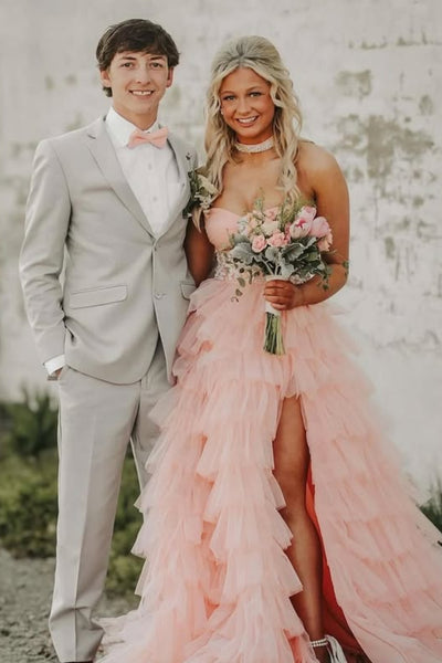 Strapless Sweetheart Neck Layered Tulle Pink Long Prom Dress with High Slit, Pink Formal Evening Dress A2308