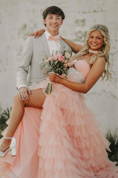 Strapless Sweetheart Neck Layered Tulle Pink Long Prom Dress with High Slit, Pink Formal Evening Dress A2308