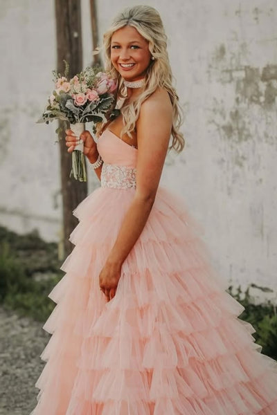 Strapless Sweetheart Neck Layered Tulle Pink Long Prom Dress with High Slit, Pink Formal Evening Dress A2308