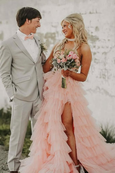 Strapless Sweetheart Neck Layered Tulle Pink Long Prom Dress with High Slit, Pink Formal Evening Dress A2308