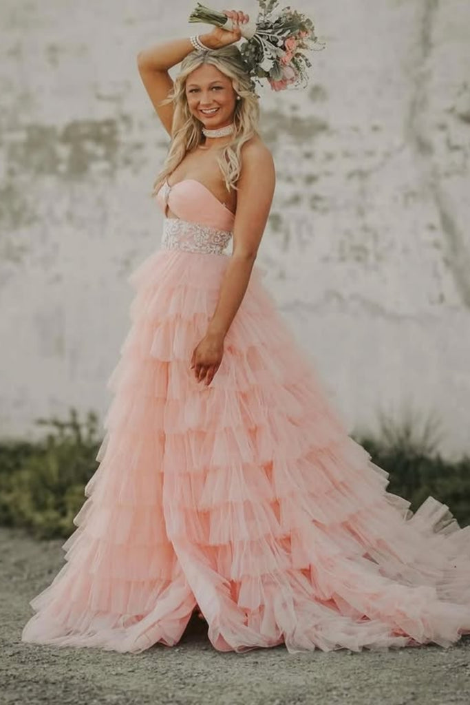 Strapless Sweetheart Neck Layered Tulle Pink Long Prom Dress with High Slit, Pink Formal Evening Dress A2308