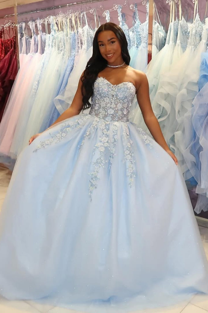 Strapless Sweetheart Neck Light Blue Lace Floral Long Prom Dress, Light Blue Formal Evening Dress with Appliques A2519
