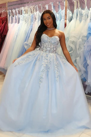 Strapless Sweetheart Neck Light Blue Lace Floral Long Prom Dress, Light Blue Formal Evening Dress with Appliques A2519