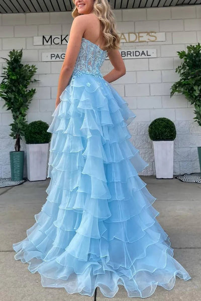 Strapless Sweetheart Neck Light Blue Lace Long Prom Dress with High Sl