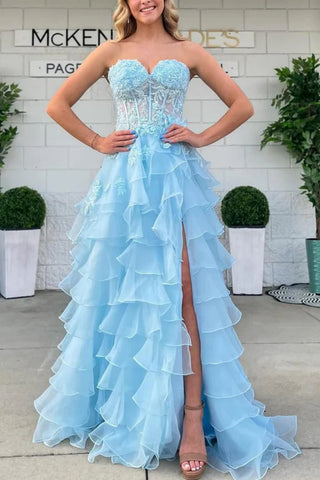 Strapless Sage Lace Long Prom Dress with High Slit, Sage Lace Formal Dress, Sage Evening Dress A1968