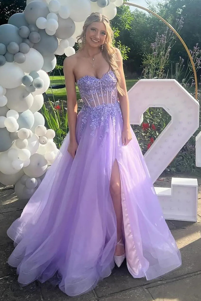 Strapless Sweetheart Neck Lilac Lace Long Prom Dress with High Slit, L abcprom Strapless Sweetheart Neck Lilac Lace Long Prom Dress with High Slit, L abcprom