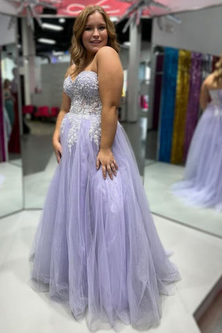 Strapless Sweetheart Neck Lilac Tulle Long Prom Dress with Appliques, Lilac Lace Formal Dress, Purple Evening Dress A2129