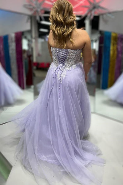 Strapless Sweetheart Neck Lilac Tulle Long Prom Dress with Appliques, Lilac Lace Formal Dress, Purple Evening Dress A2129