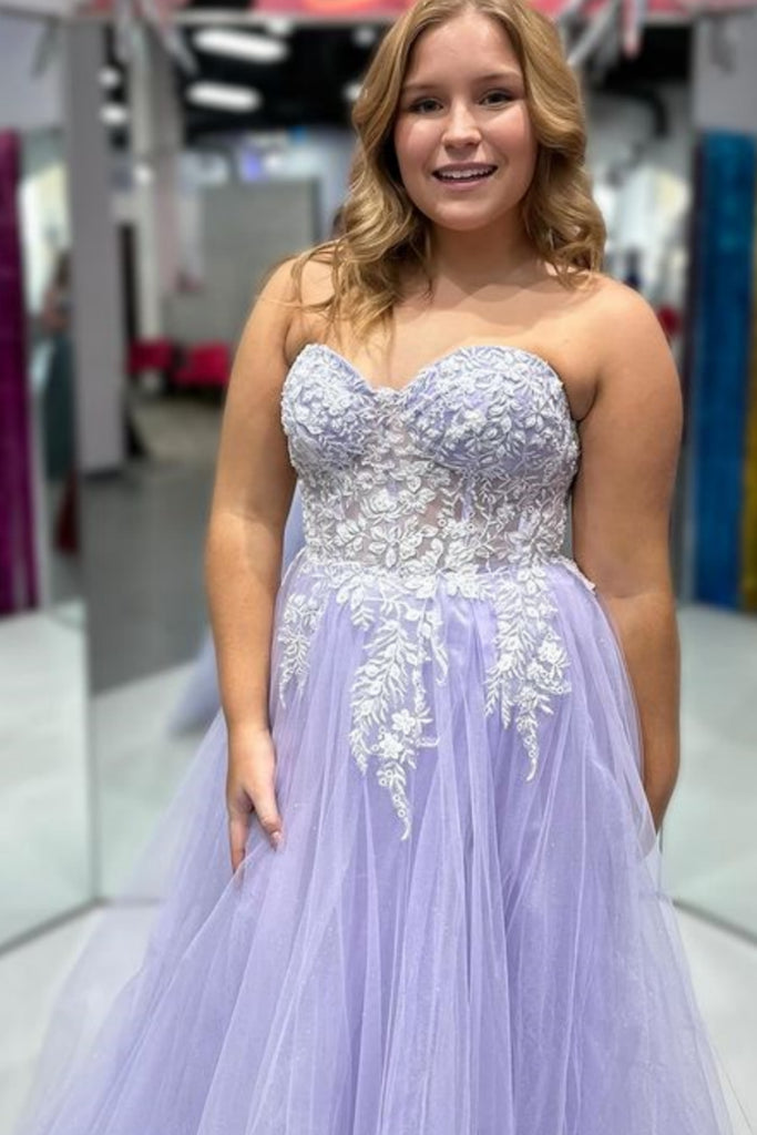 Strapless Sweetheart Neck Lilac Tulle Long Prom Dress with Appliques
