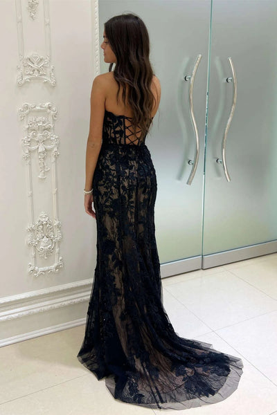 Strapless Sweetheart Neck Mermaid Black Lace Long Prom Dress with Train, Mermaid Black Formal Dress, Black Lace Evening Dress A2008