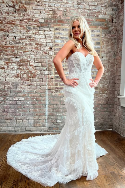 Strapless Sweetheart Neck Mermaid White Lace Long Prom Dress, Ruffle White Lace Wedding Dress, White Formal Evening Dress A2268