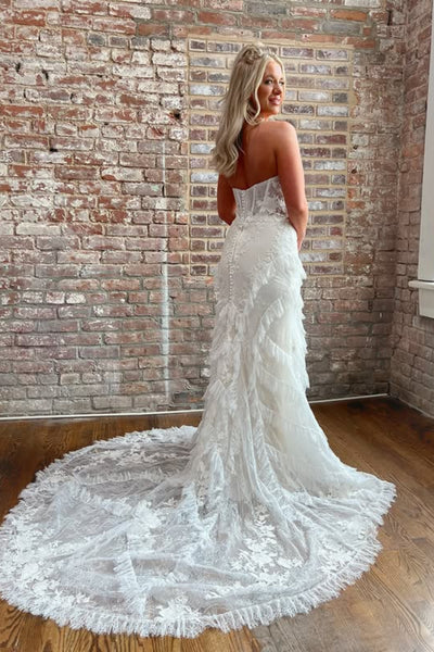 Strapless Sweetheart Neck Mermaid White Lace Long Prom Dress, Ruffle White Lace Wedding Dress, White Formal Evening Dress A2268