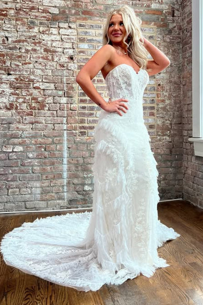 Strapless Sweetheart Neck Mermaid White Lace Long Prom Dress, Ruffle White Lace Wedding Dress, White Formal Evening Dress A2268