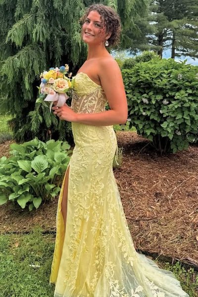 Strapless Sweetheart Neck Mermaid Yellow Lace Long Prom Dress with Slit, Mermaid Yellow Formal Graduation Evening Dress A2329