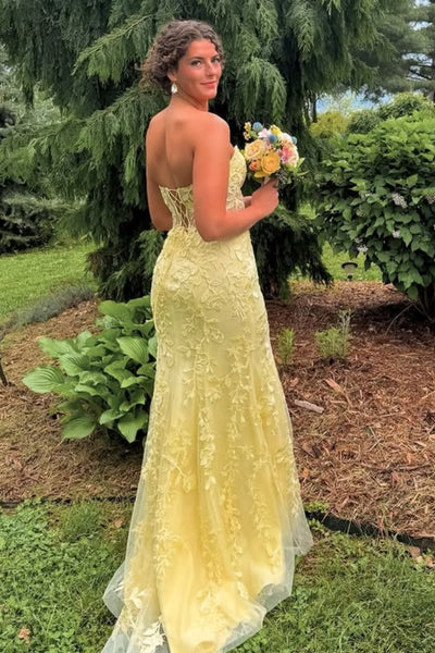 Strapless Sweetheart Neck Mermaid Yellow Lace Long Prom Dress with Slit, Mermaid Yellow Formal Graduation Evening Dress A2329