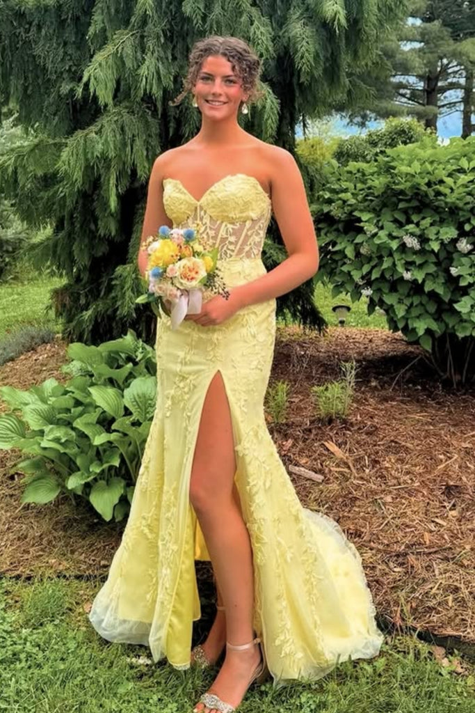 Strapless Sweetheart Neck Mermaid Yellow Lace Long Prom Dress with Slit, Mermaid Yellow Formal Graduation Evening Dress A2329