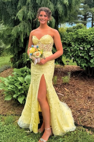 Strapless Sweetheart Neck Mermaid Yellow Lace Long Prom Dress with Slit, Mermaid Yellow Formal Graduation Evening Dress A2329