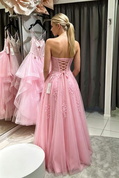 Strapless Sweetheart Neck Pink Lace Long Prom Dress, Pink Lace Formal Dress, Pink Evening Dress A2628