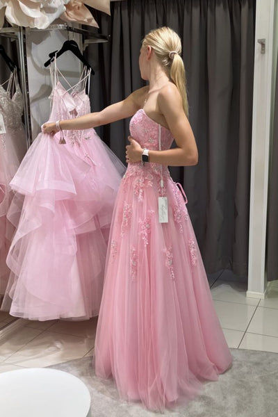Strapless Sweetheart Neck Pink Lace Long Prom Dress, Pink Lace Formal Dress, Pink Evening Dress A2628