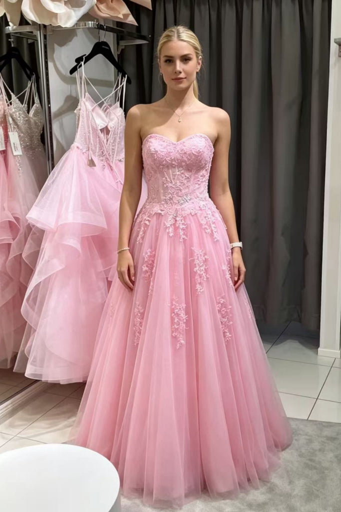 Strapless Sweetheart Neck Pink Lace Long Prom Dress, Pink Lace Formal Dress, Pink Evening Dress A2628