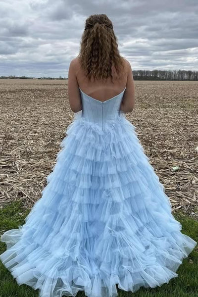 Strapless Sweetheart Neck Ruffle Light Blue Long Prom Dress with High Slit, Light Blue Formal Evening Dress, Ball Gown A2335