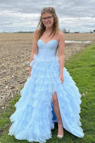 Strapless Sweetheart Neck Ruffle Light Blue Long Prom Dress with High Slit, Light Blue Formal Evening Dress, Ball Gown A2335