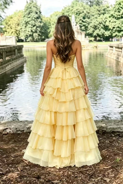 Strapless Sweetheart Neck Yellow Long Prom Dress with Slit, Long Yellow Formal Graduation Evening Dress A2624