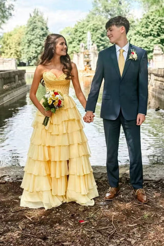 Strapless Sweetheart Neck Yellow Long Prom Dress with Slit, Long Yellow Formal Graduation Evening Dress A2624