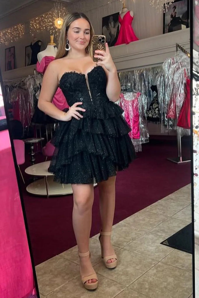Strapless V Neck Layered Black Lace Short Prom Dress, Black Lace Homec abcprom Strapless V Neck Layered Black Lace Short Prom Dress, Black Lace Homec abcprom